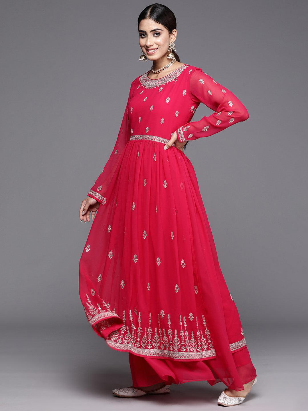 Hot Pink Embroidered Georgette A-Line Kurta With Palazzos & Dupatta - Libas 