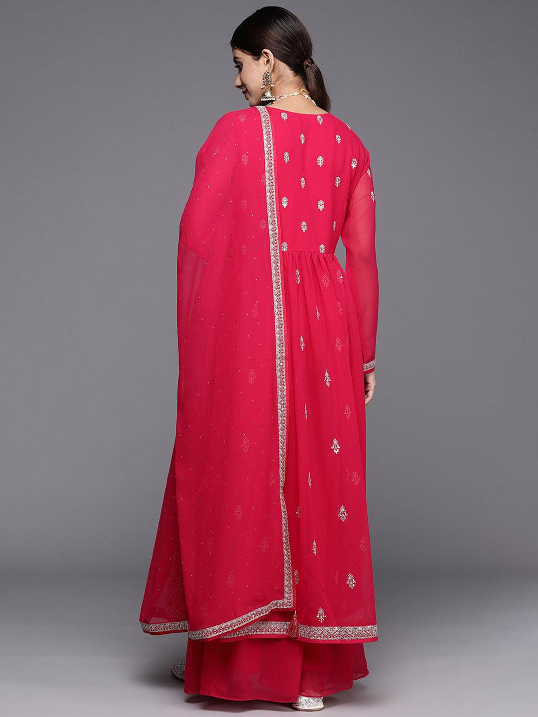 Hot Pink Embroidered Georgette A-Line Kurta With Palazzos & Dupatta - Libas 