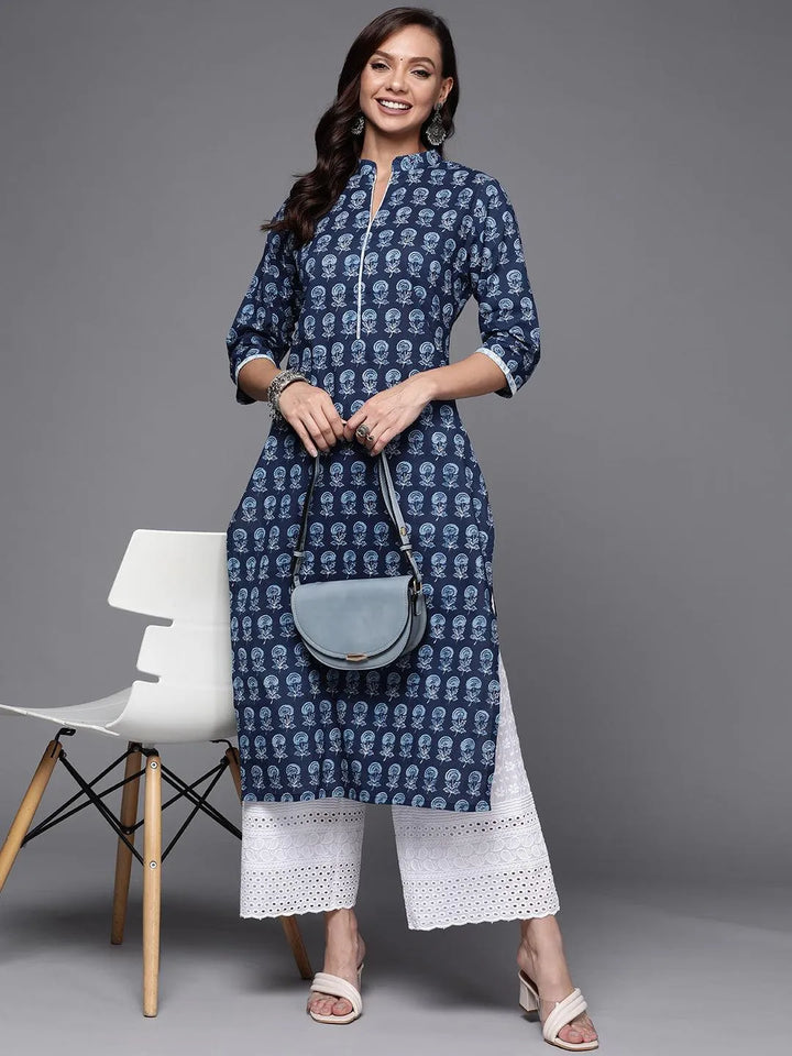 Indigo Printed Cotton Straight Kurta - Libas