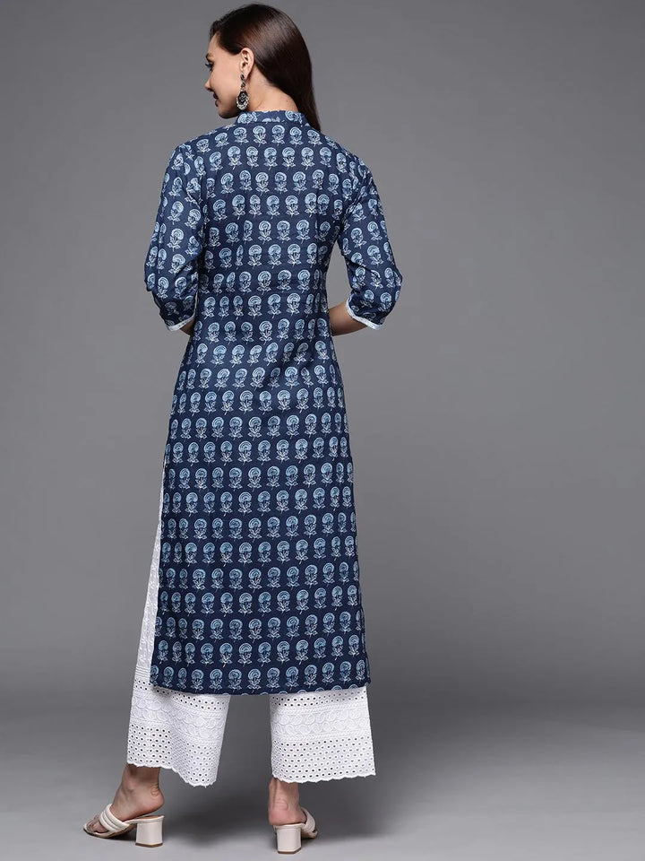 Indigo Printed Cotton Straight Kurta - Libas