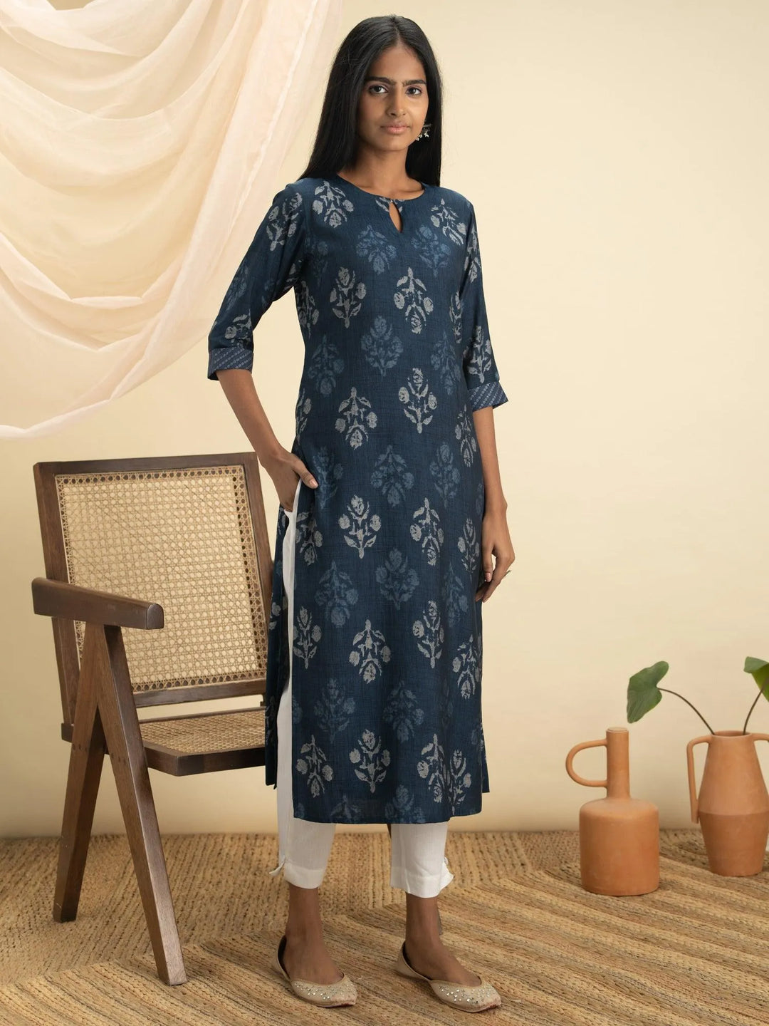 Indigo Printed Rayon Kurta - Libas