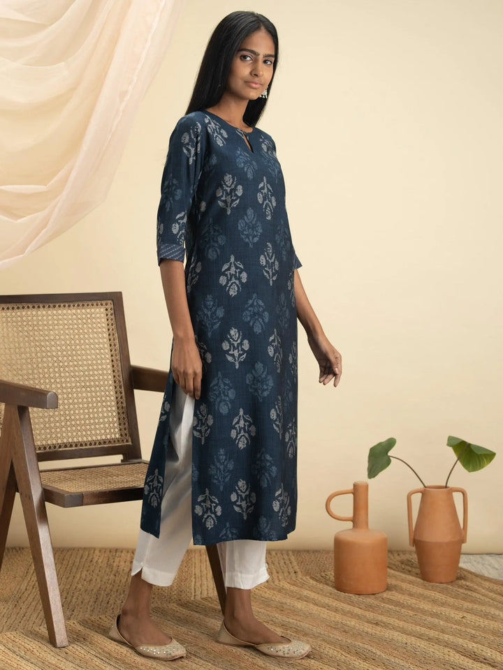 Indigo Printed Rayon Kurta - Libas