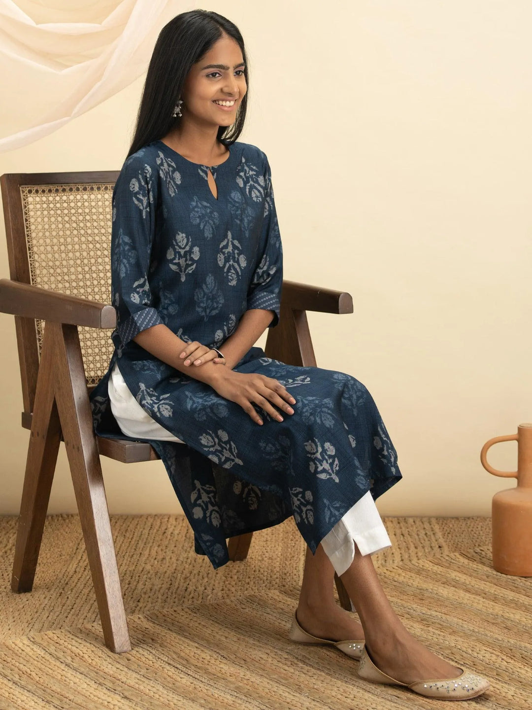 Indigo Printed Rayon Kurta - Libas