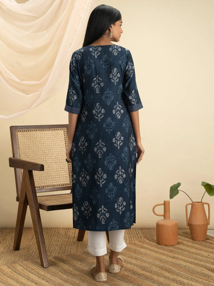 Indigo Printed Rayon Kurta - Libas