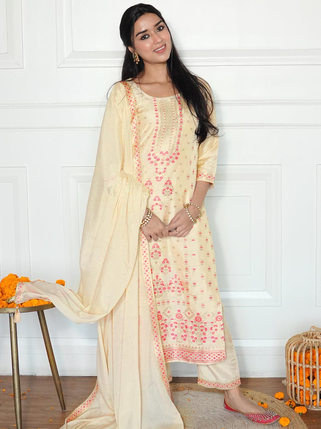 Ivory Woven Design Silk Blend Straight Kurta With Trousers & Dupatta - Libas 