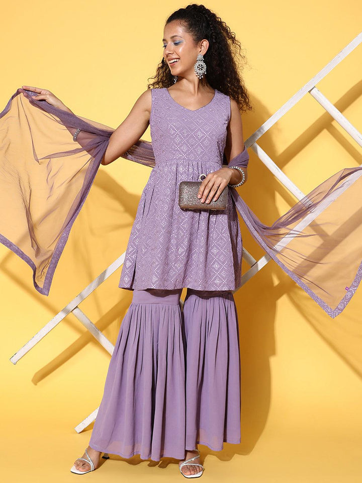 Lavender Embroidered Georgette A-Line Kurta With Sharara & Dupatta - Libas