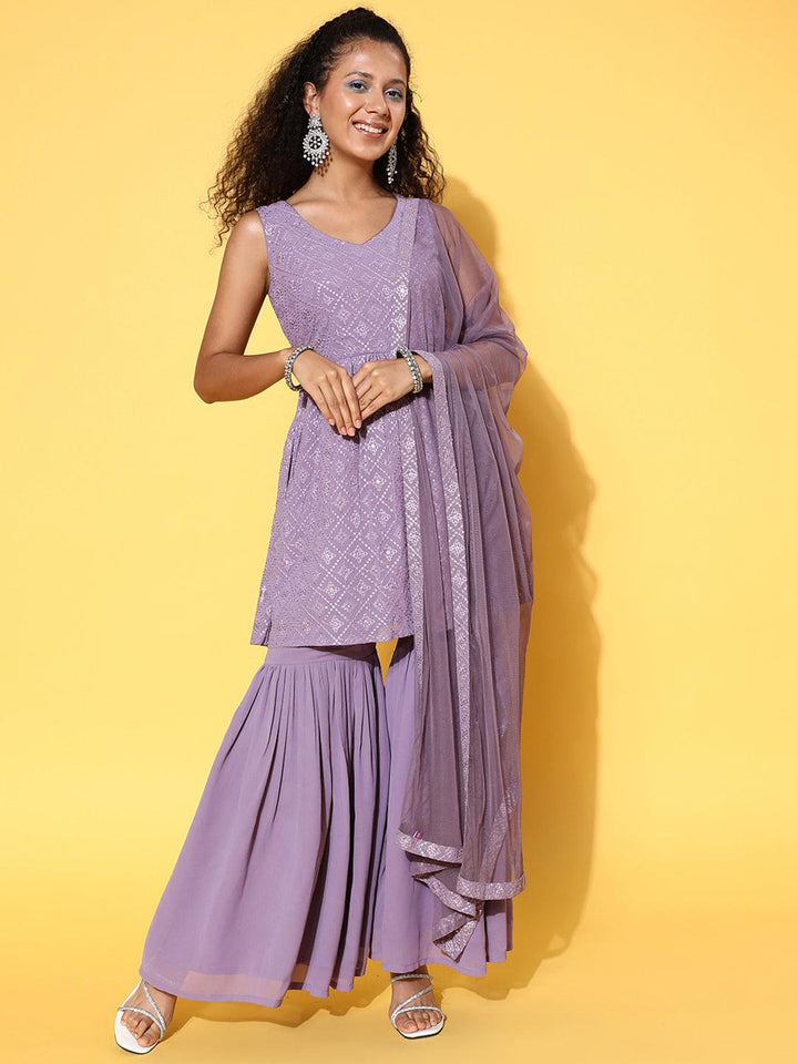 Lavender Embroidered Georgette A-Line Kurta With Sharara & Dupatta - Libas