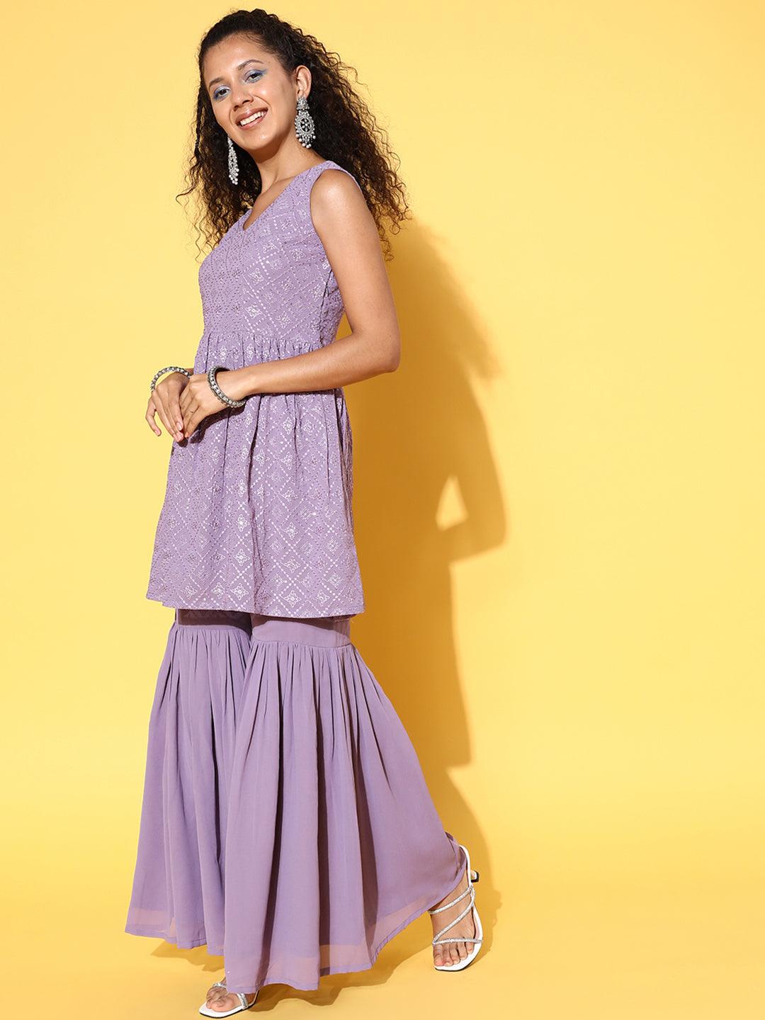 Lavender Embroidered Georgette A-Line Kurta With Sharara & Dupatta - Libas