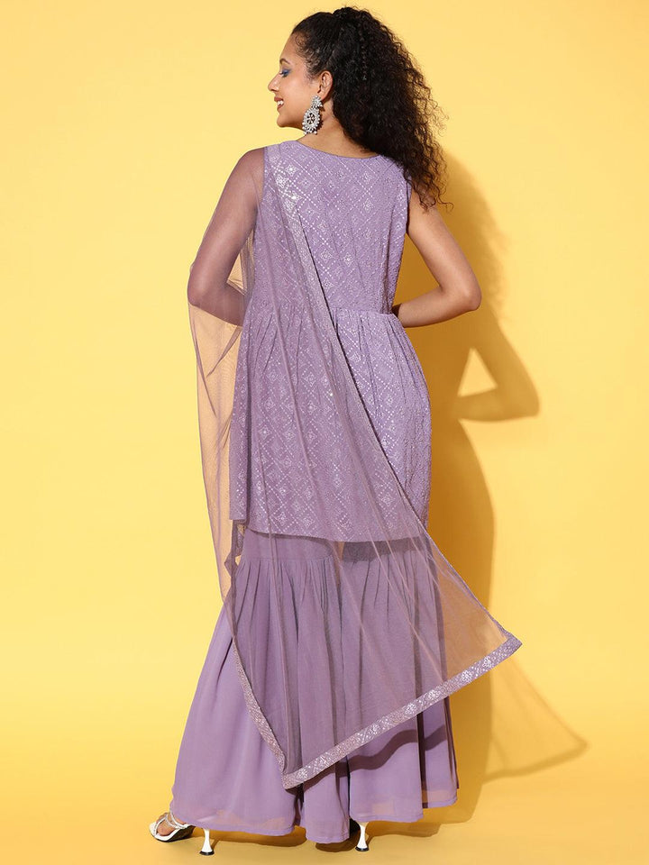 Lavender Embroidered Georgette A-Line Kurta With Sharara & Dupatta - Libas