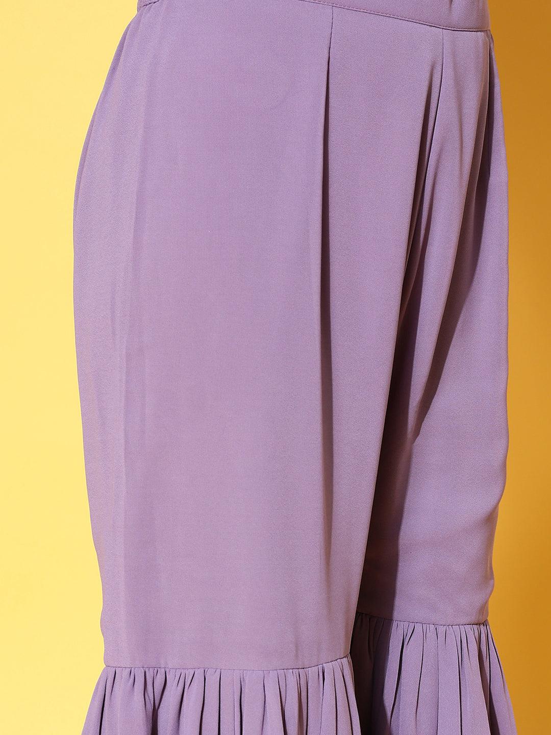 Lavender Embroidered Georgette A-Line Kurta With Sharara & Dupatta - Libas