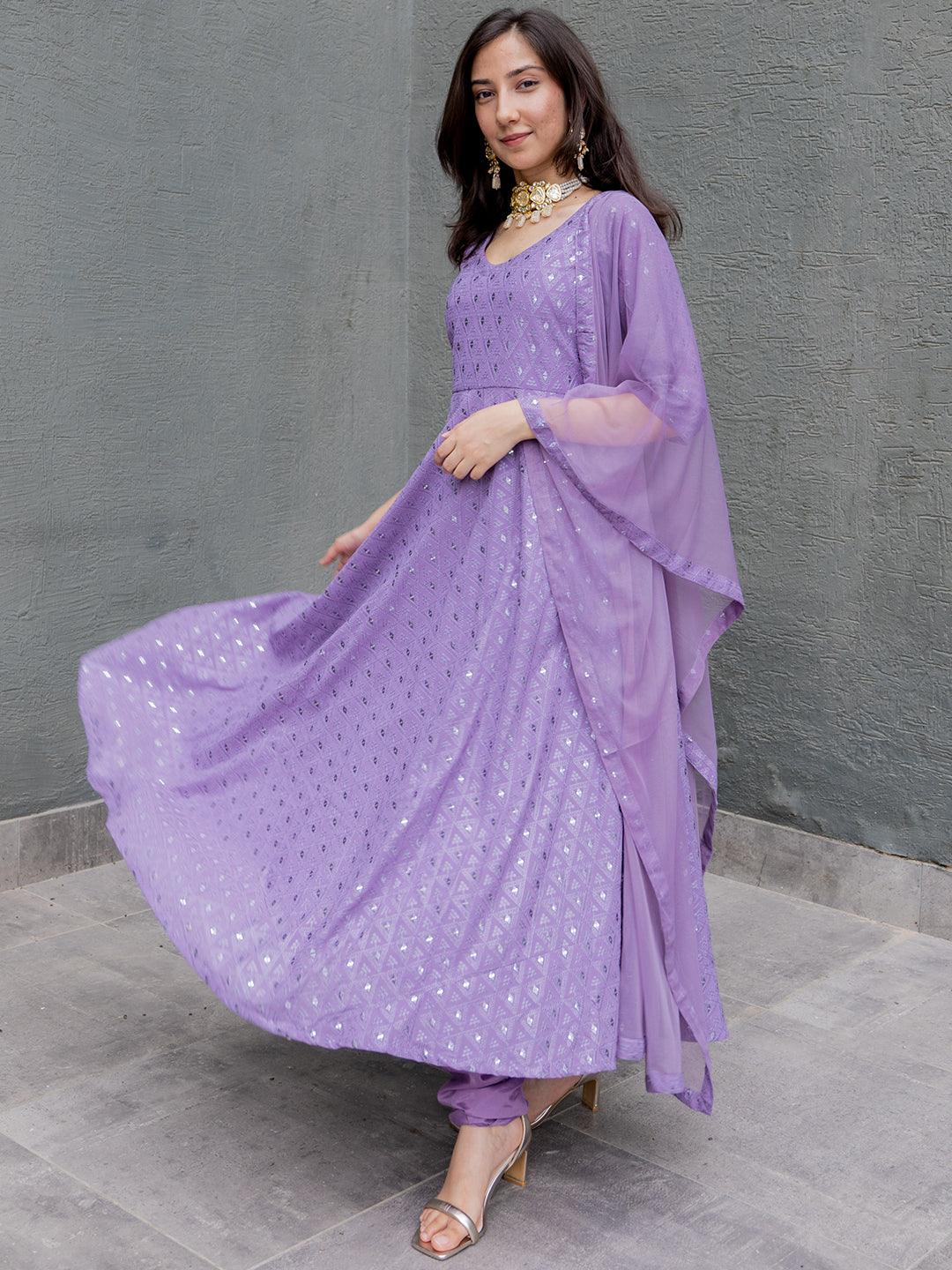 Lavender Embroidered Georgette Anarkali Kurta With Churidar & Dupatta - Libas