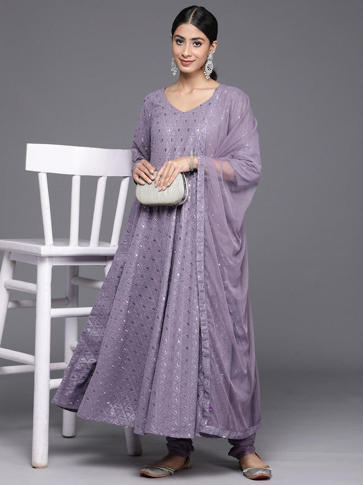 Lavender Embroidered Georgette Anarkali Kurta With Churidar & Dupatta - Libas