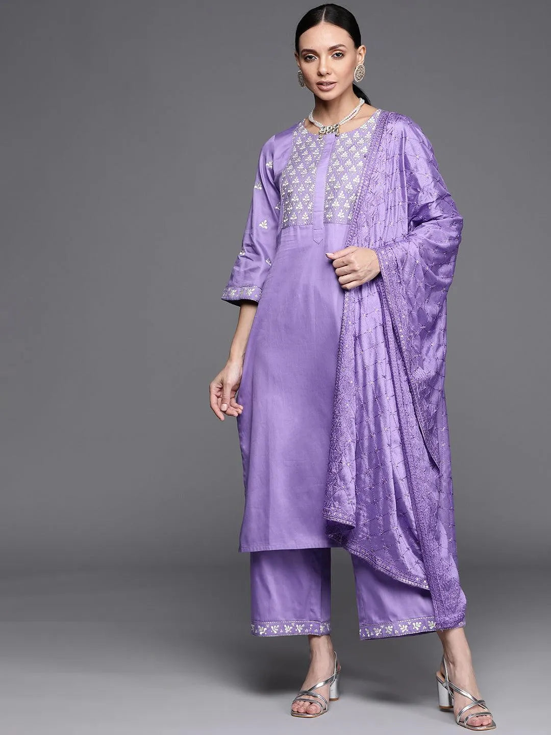 Lavender Embroidered Silk Blend Suit Set - Libas