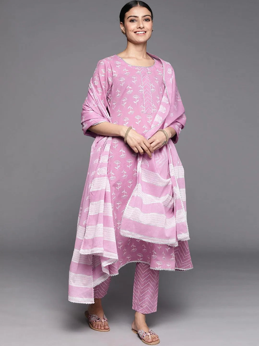 Lavender Printed Cotton Suit Set - Libas