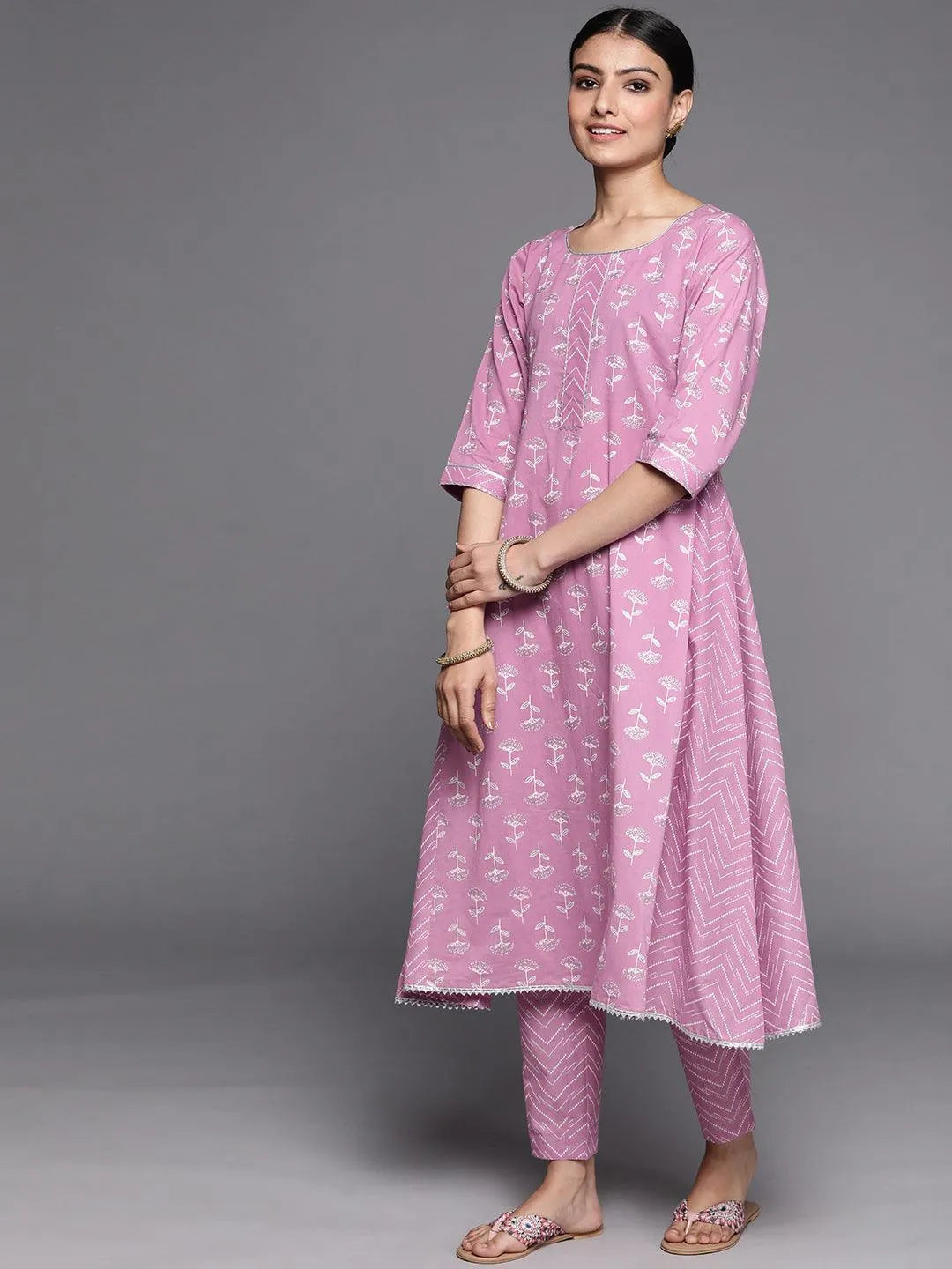 Lavender Printed Cotton Suit Set - Libas 