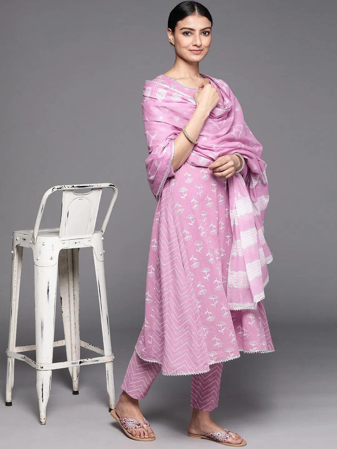 Lavender Printed Cotton Suit Set - Libas 