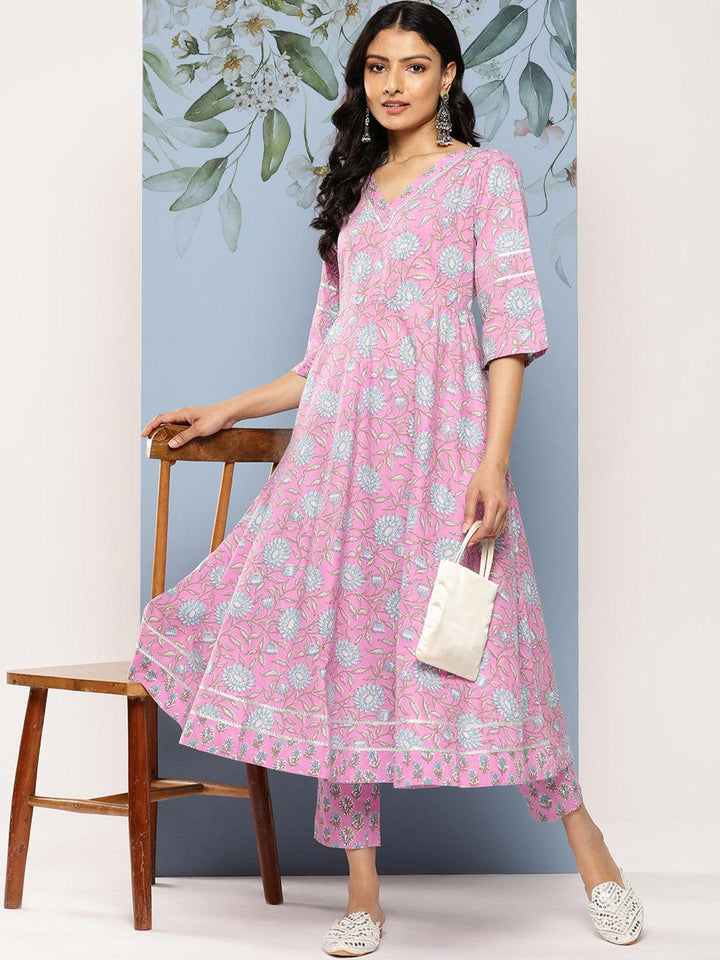 Lavender Printed Cotton Anarkali Kurta Set With Trousers - Libas