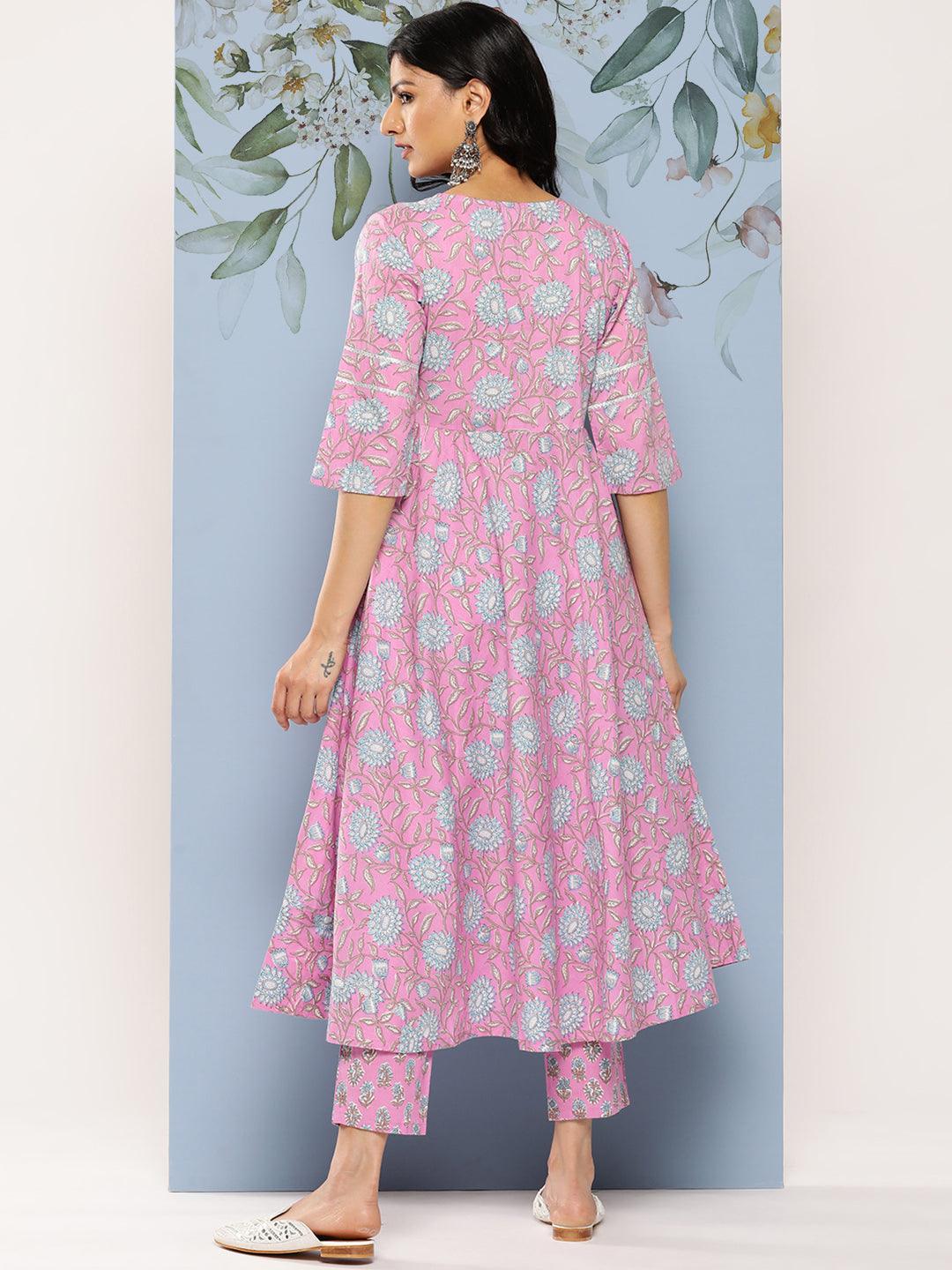 Lavender Printed Cotton Anarkali Kurta Set With Trousers - Libas