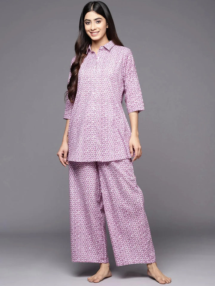 Lavender Printed Cotton Night Suit - Libas