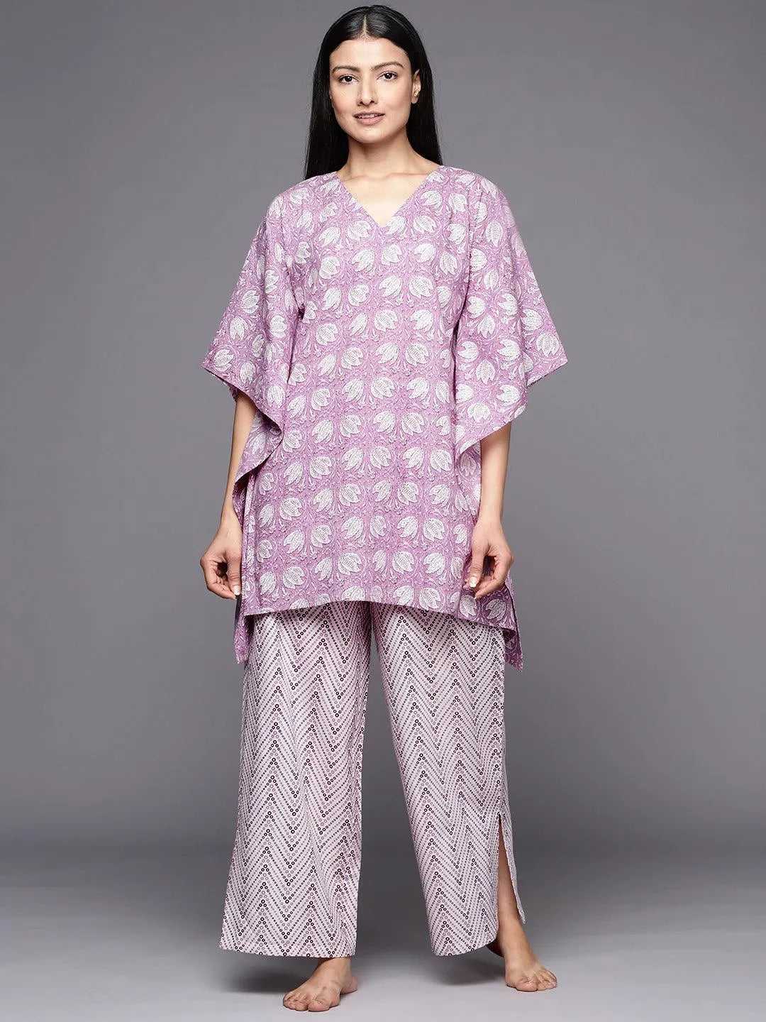 Lavender Printed Cotton Night Suit - Libas