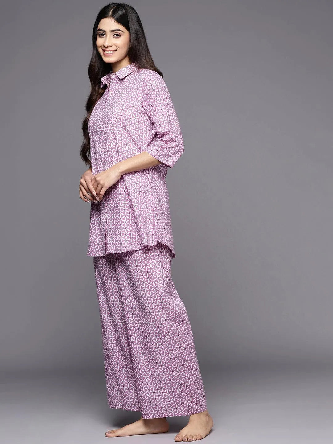 Lavender Printed Cotton Night Suit - Libas 