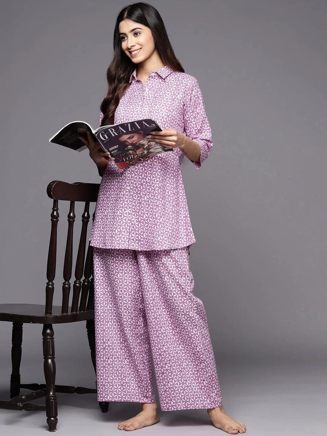 Lavender Printed Cotton Night Suit - Libas 