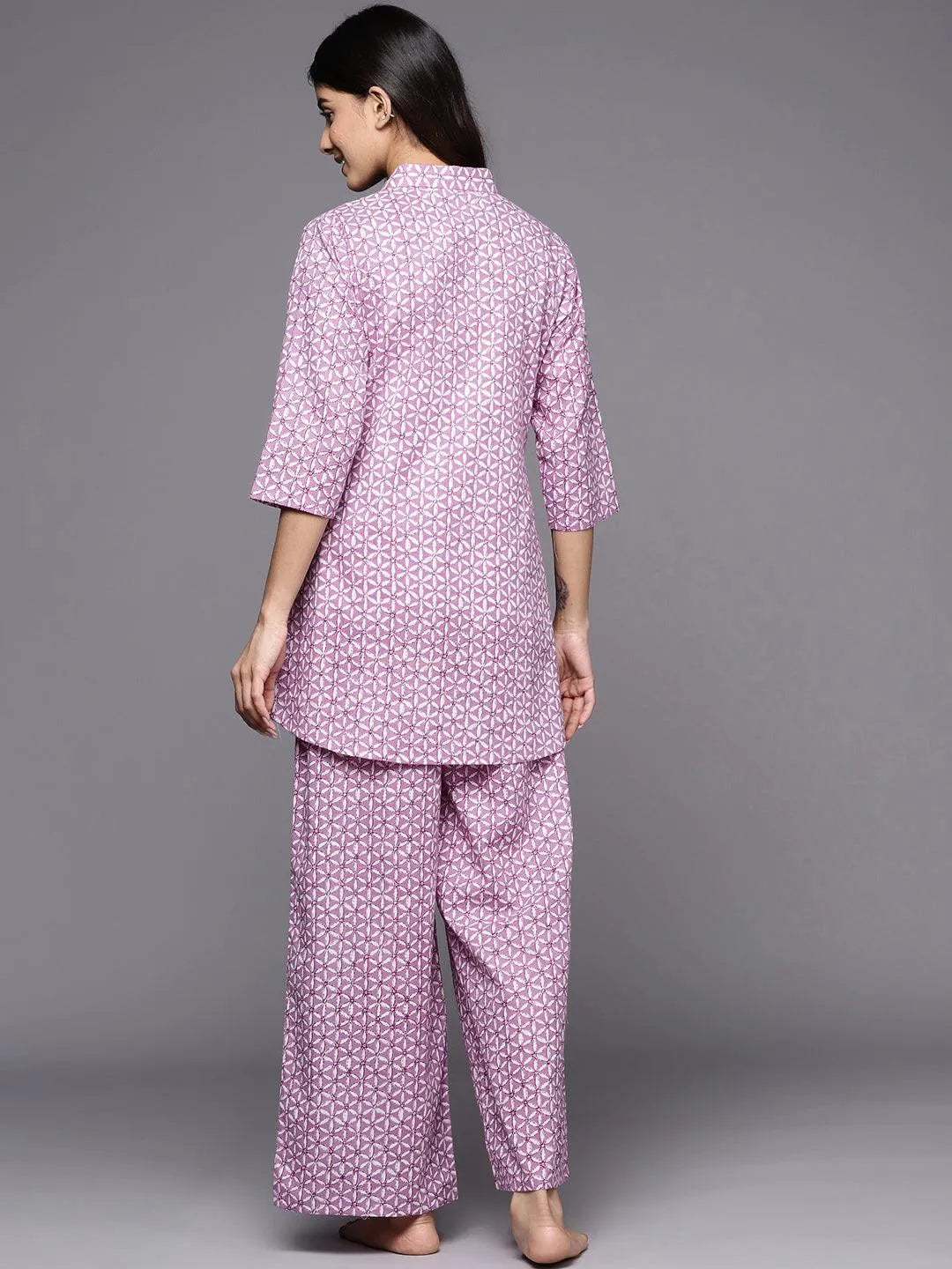 Lavender Printed Cotton Night Suit - Libas