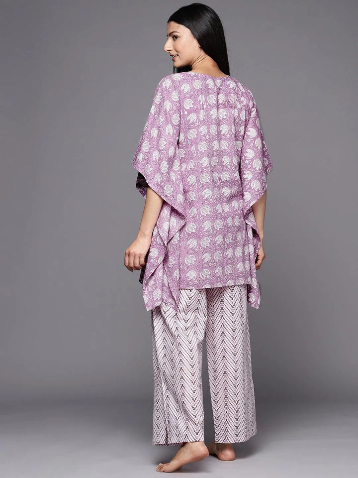 Lavender Printed Cotton Night Suit - Libas