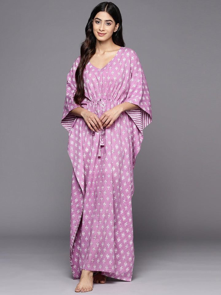 Lavender Printed Cotton Nightdress - Libas