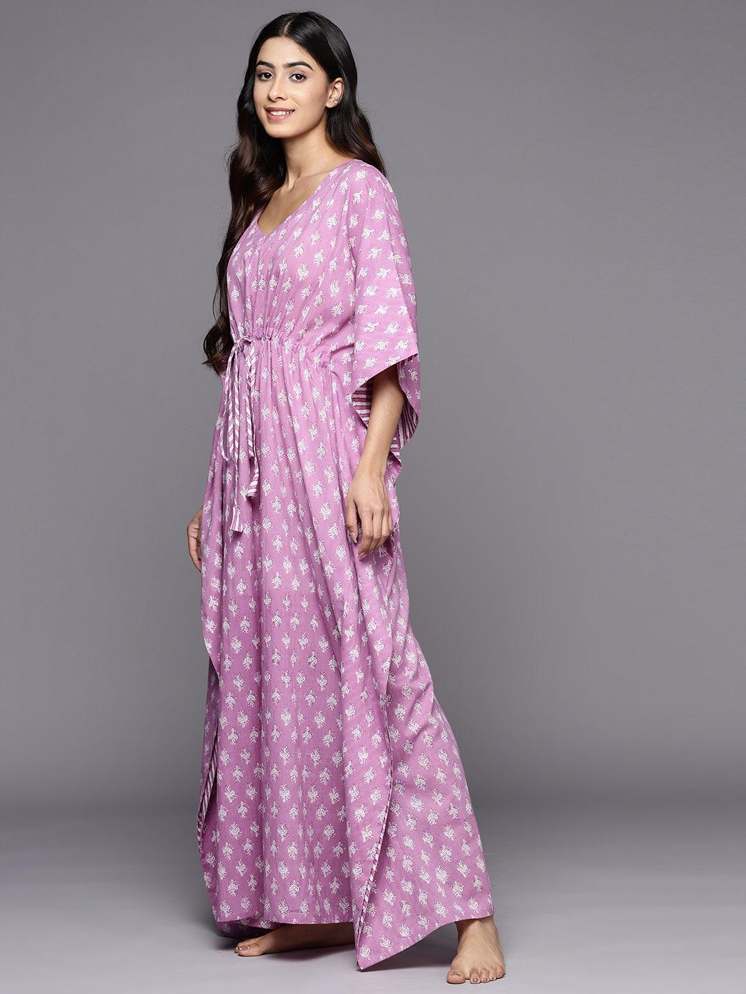 Lavender Printed Cotton Nightdress - Libas