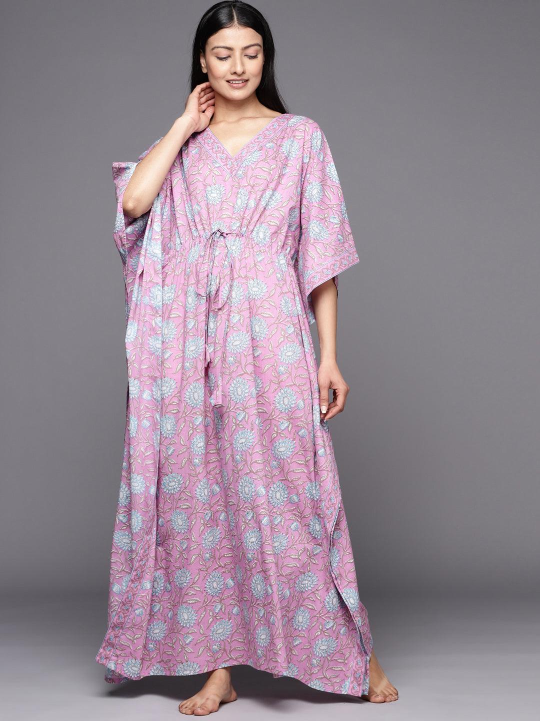 Lavender Printed Cotton Nightdress - Libas 