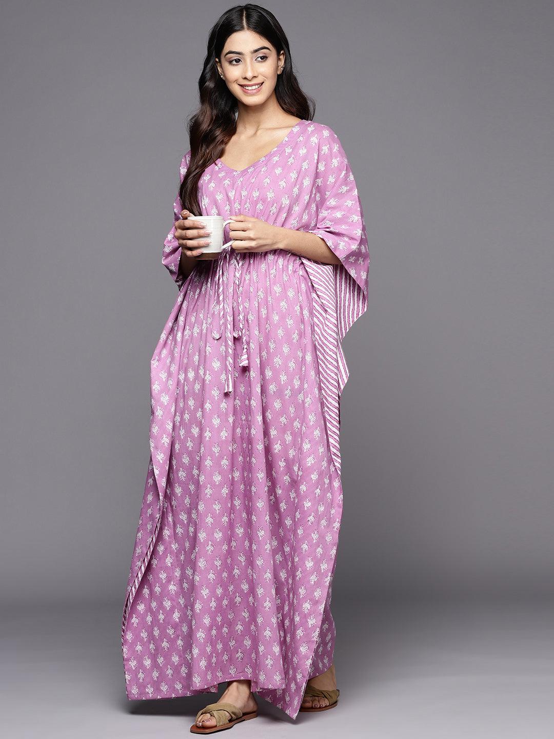 Lavender Printed Cotton Nightdress - Libas 