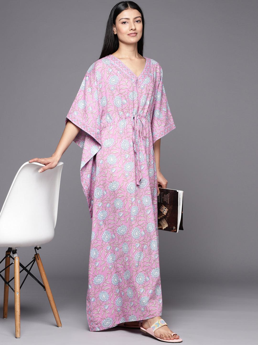 Lavender Printed Cotton Nightdress - Libas 