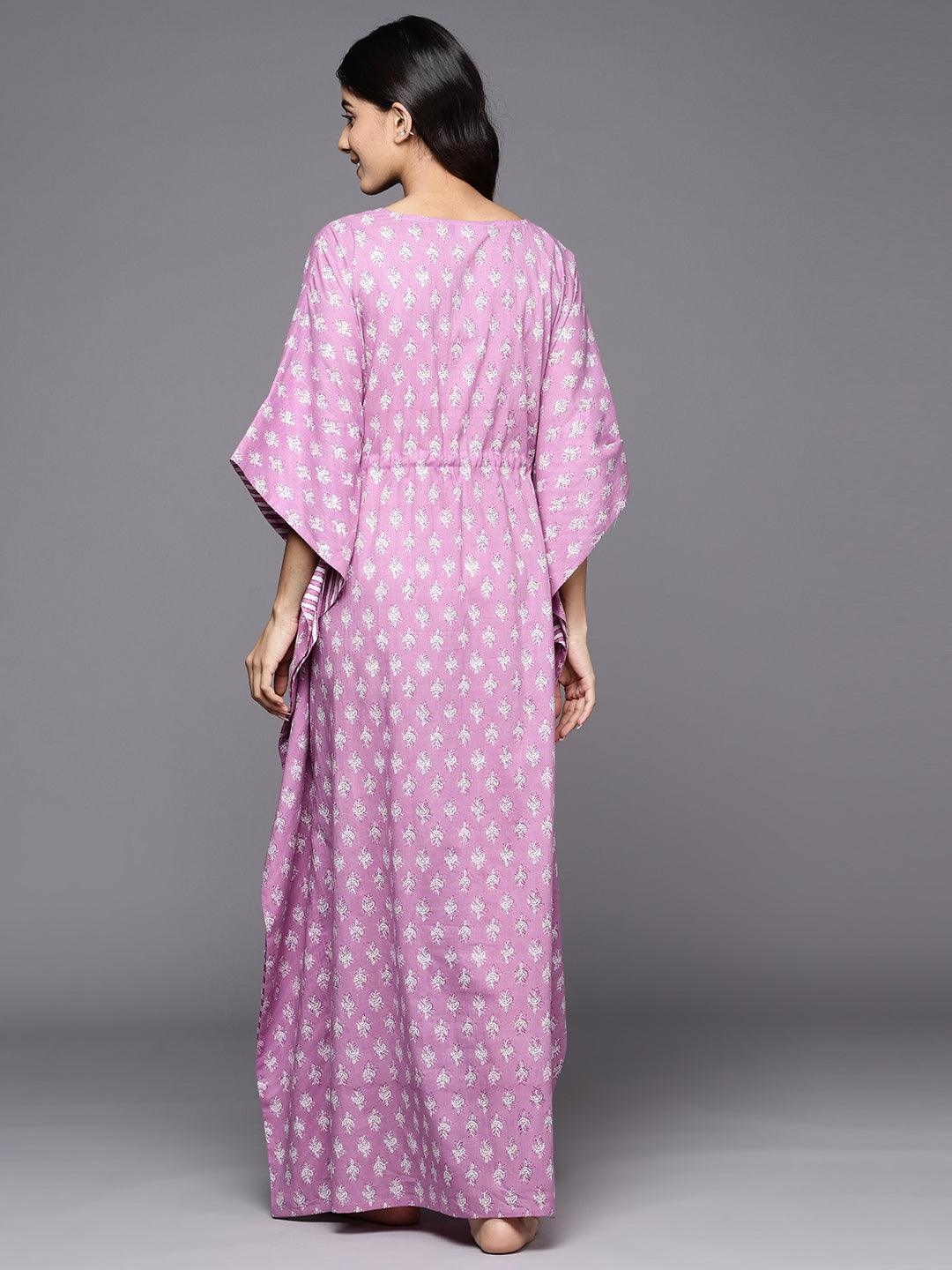 Lavender Printed Cotton Nightdress - Libas 