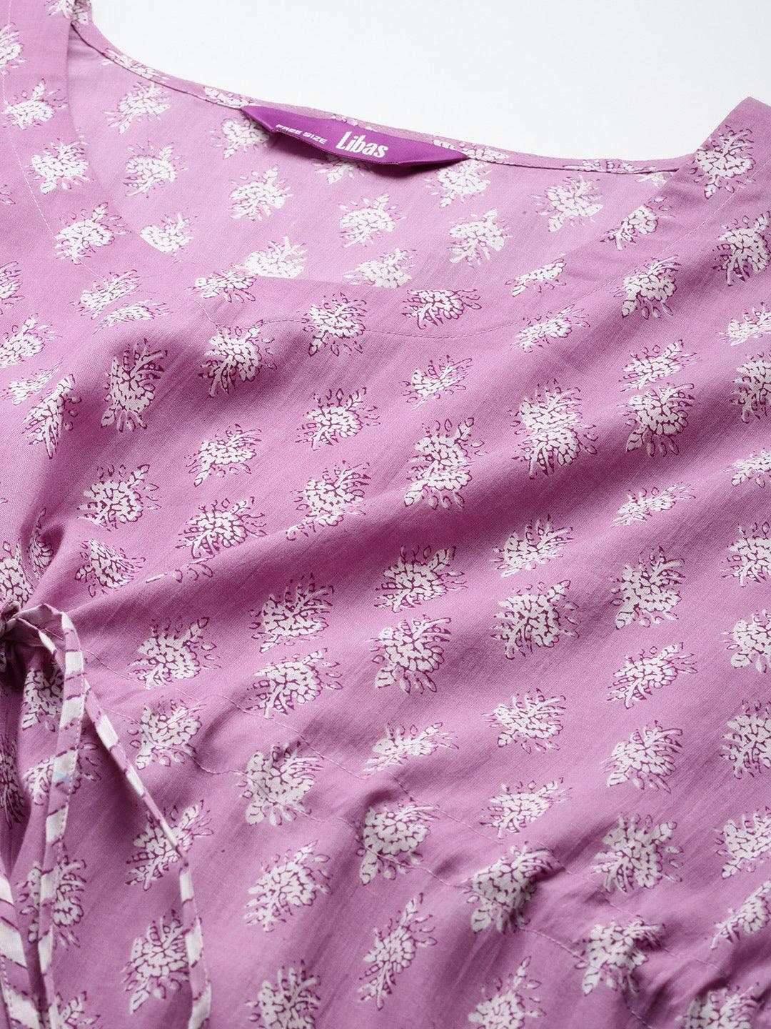 Lavender Printed Cotton Nightdress - Libas 