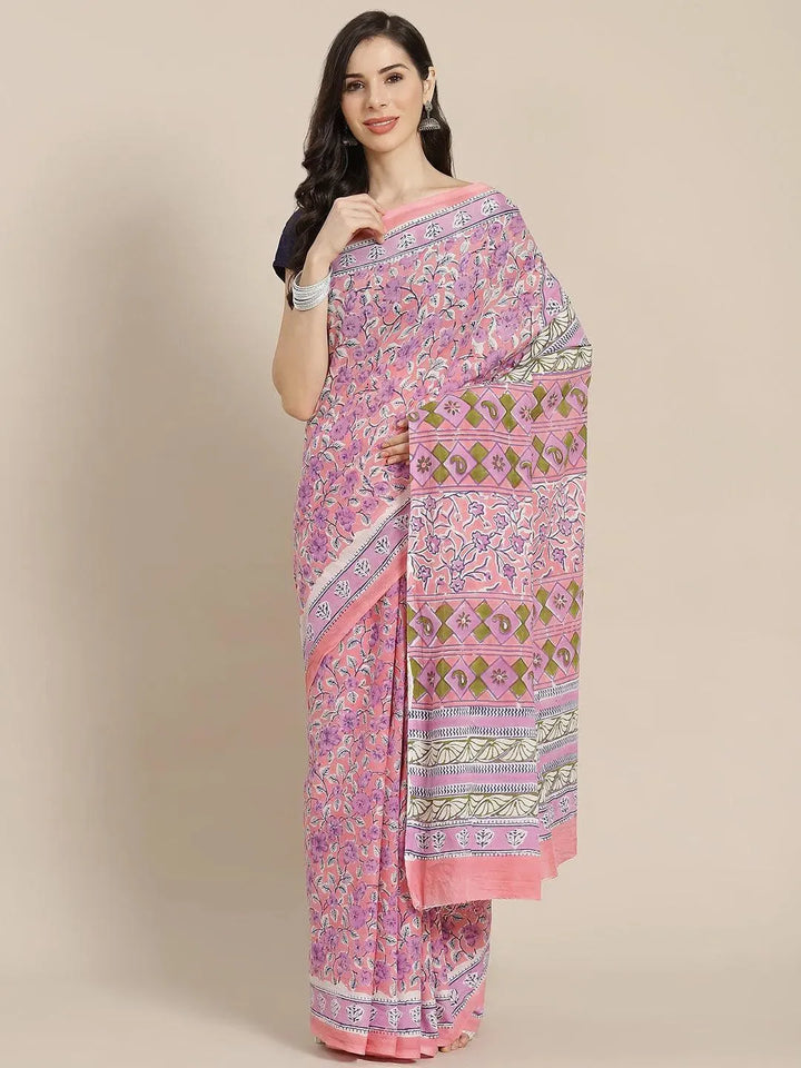 Lavender Printed Cotton Saree - Libas