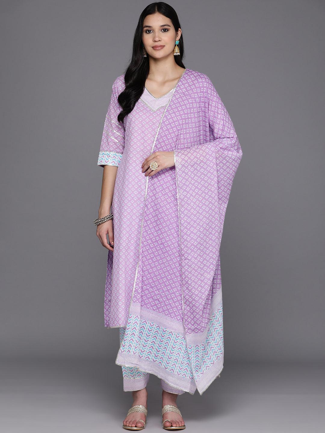 Lavender Printed Cotton Straight Kurta With Salwar & Dupatta