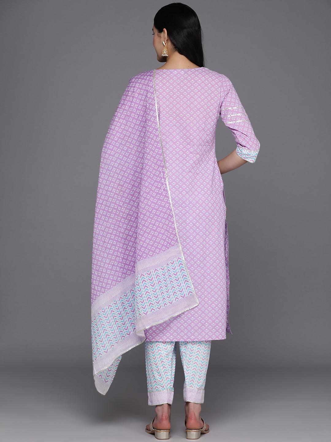 Lavender Printed Cotton Straight Kurta With Salwar & Dupatta