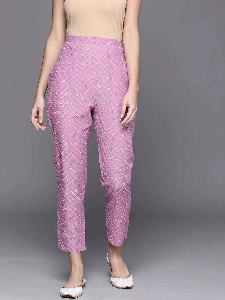 Lavender Printed Cotton Trousers - Libas