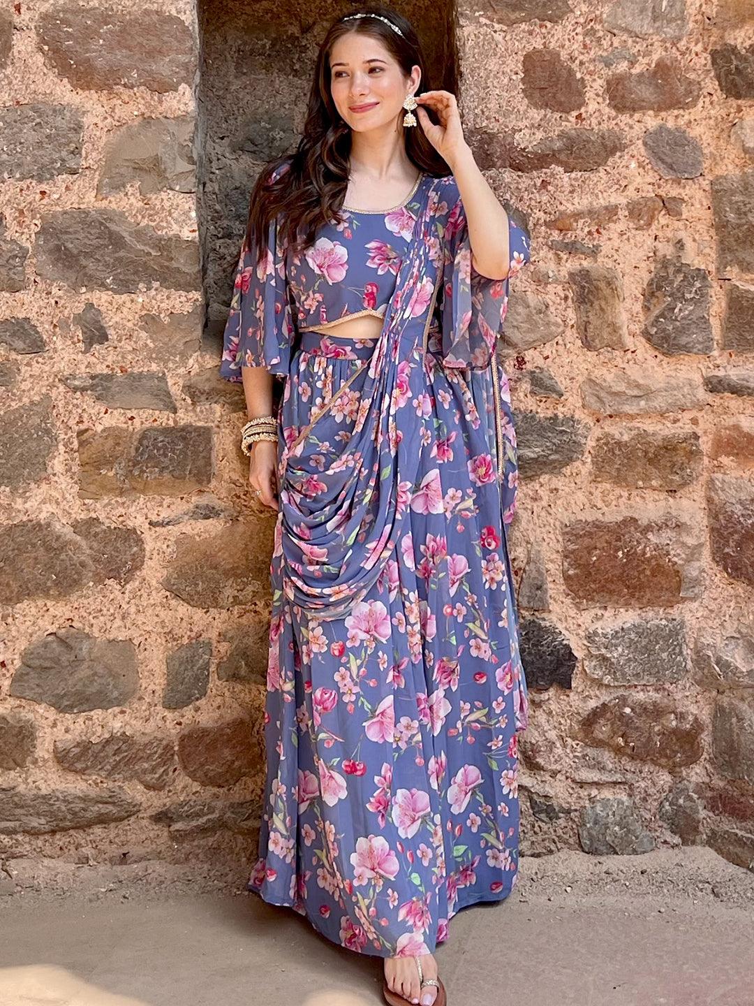 Lavender Printed Georgette Lehenga Saree - Libas