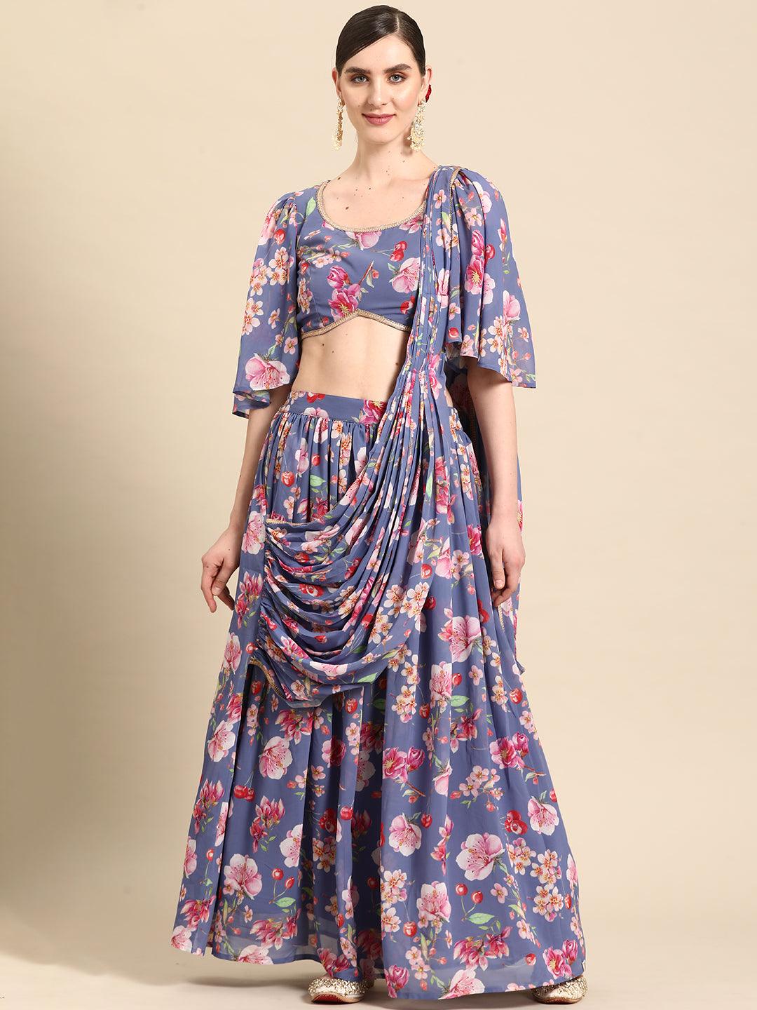 Lavender Printed Georgette Lehenga Saree - Libas 