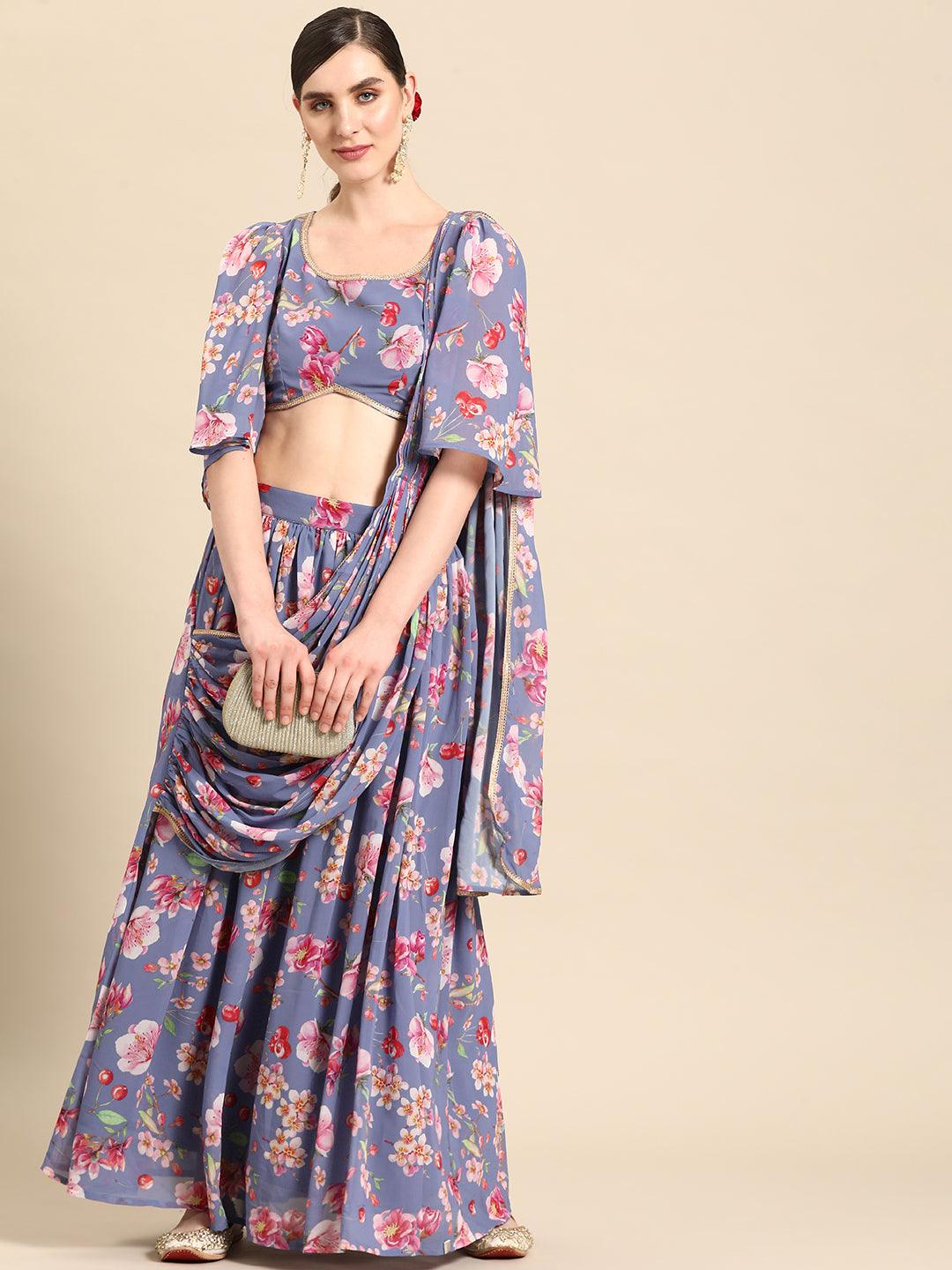 Lavender Printed Georgette Lehenga Saree - Libas 