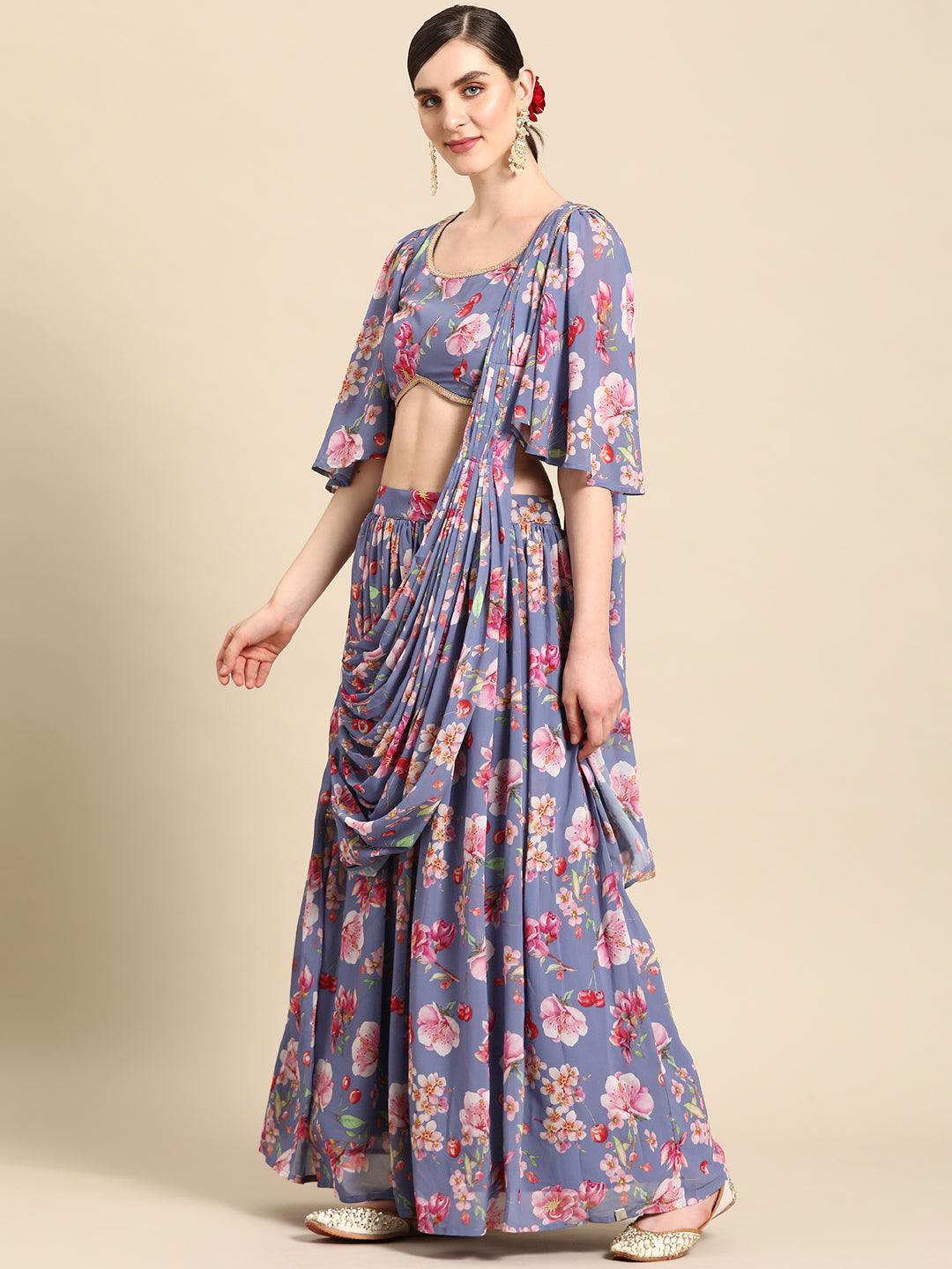 Lavender Printed Georgette Lehenga Saree - Libas 