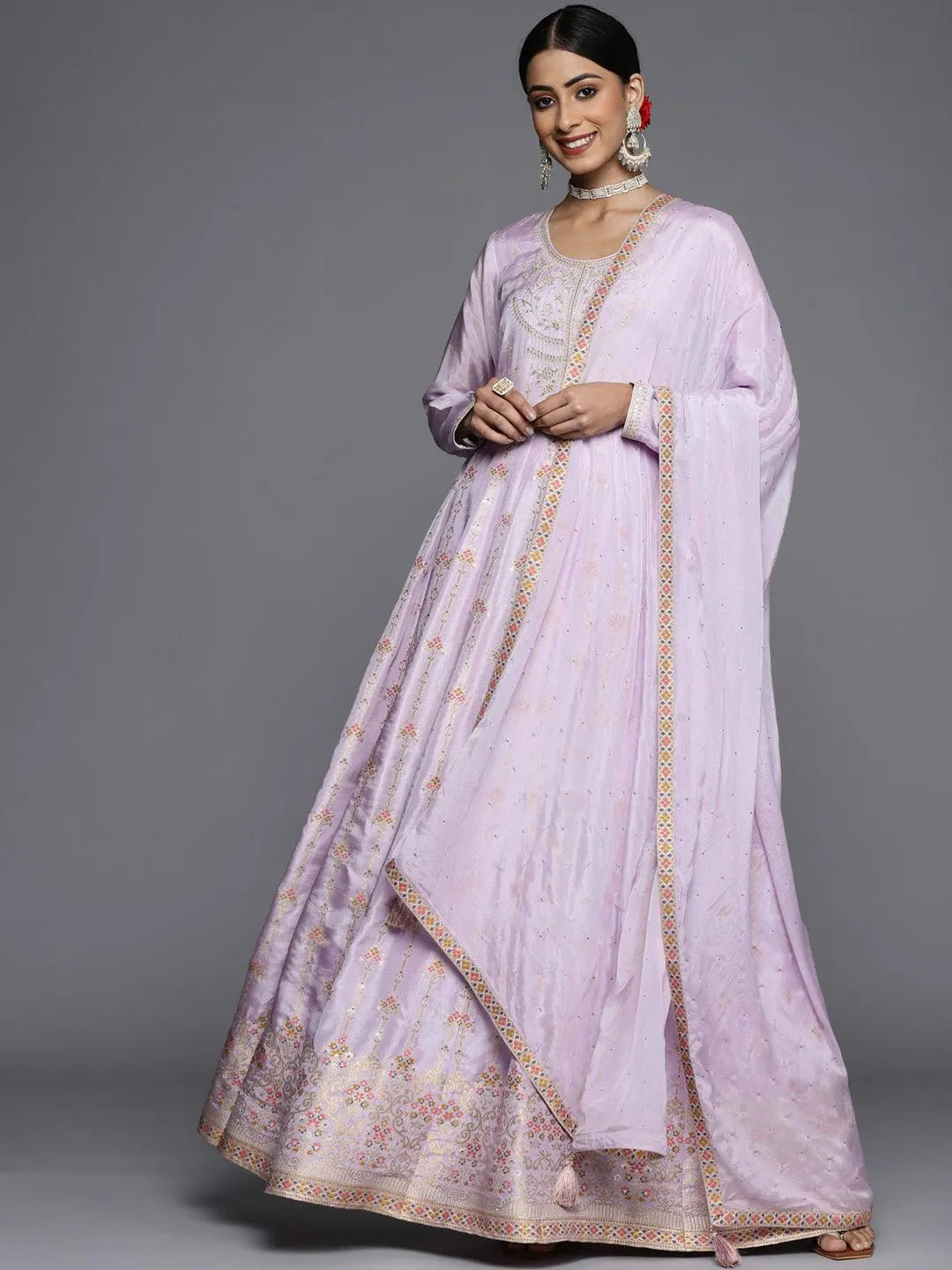 Lavender Self Design Silk Anarkali Suit Set - Libas 