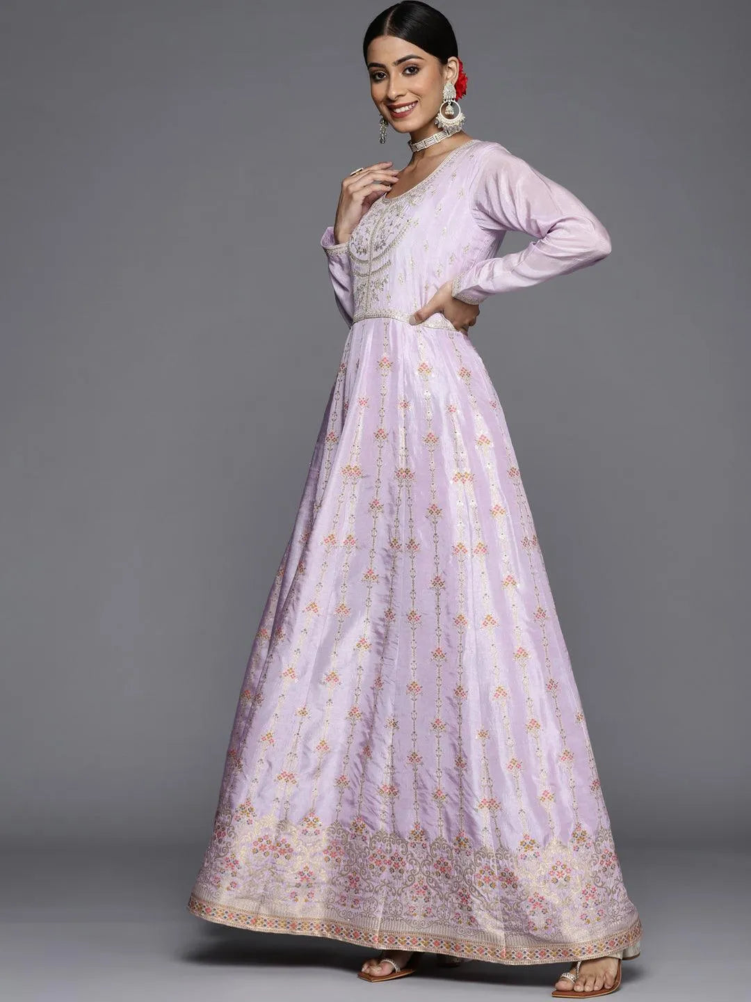 Lavender Self Design Silk Anarkali Suit Set - Libas 