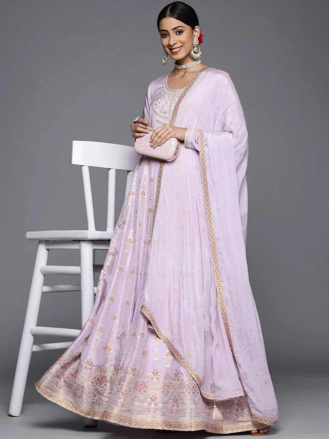 Lavender Self Design Silk Anarkali Suit Set - Libas