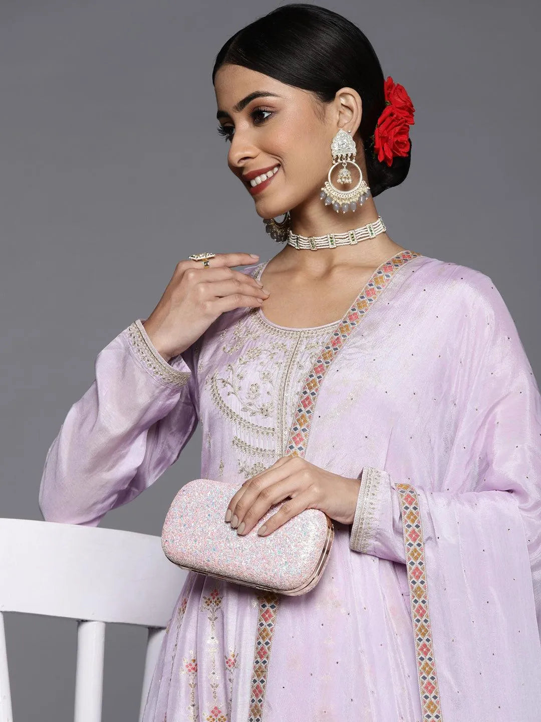 Lavender Self Design Silk Anarkali Suit Set - Libas 