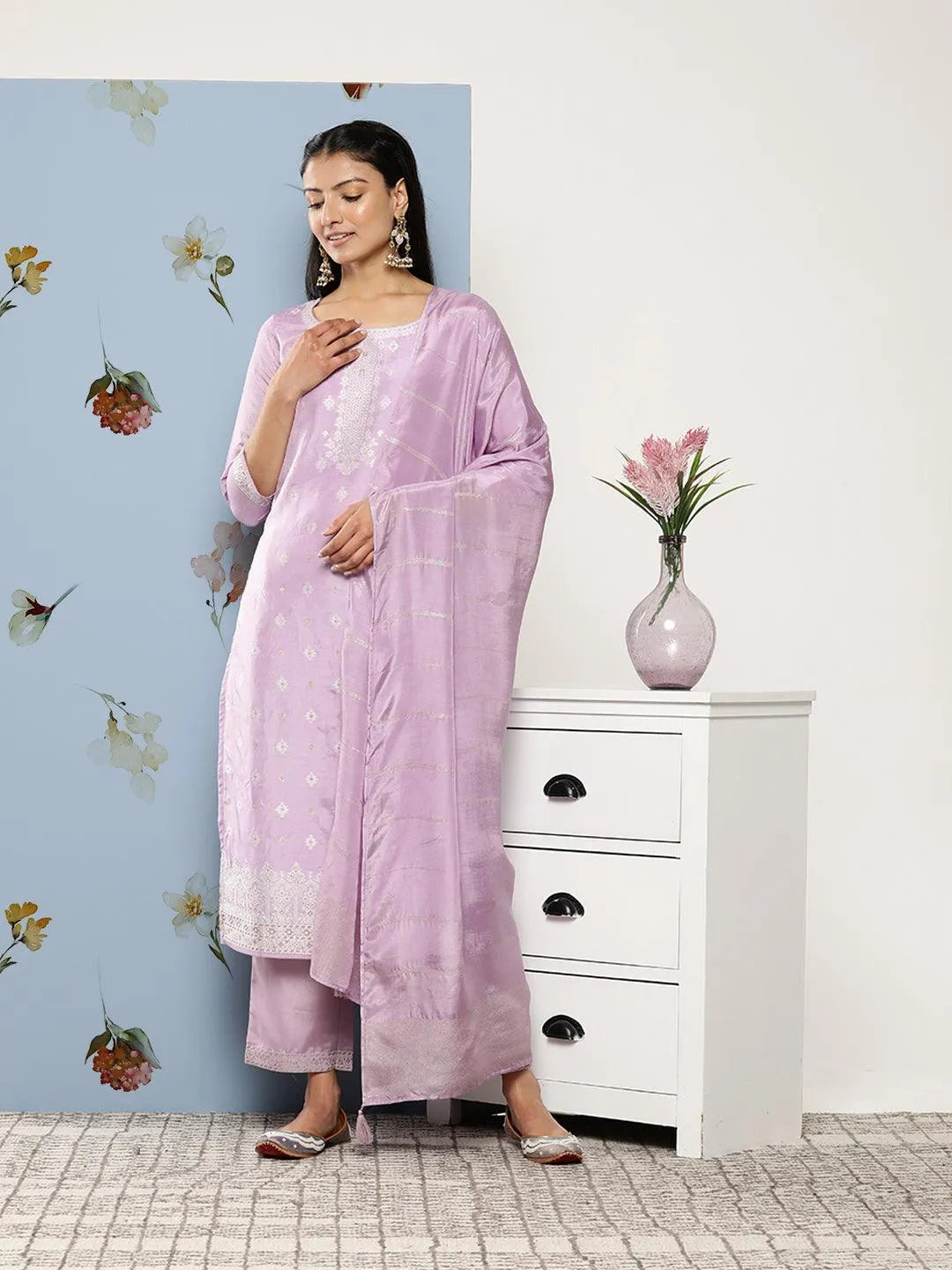 Lavender Self Design Silk Blend Suit Set With Trousers - Libas