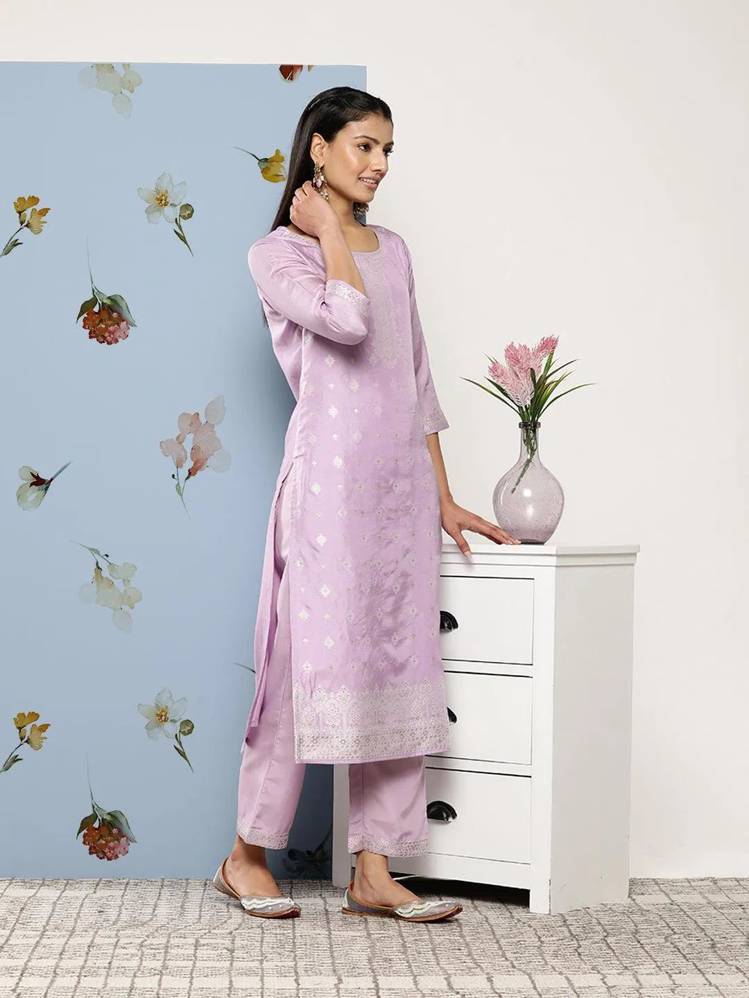 Lavender Self Design Silk Blend Suit Set With Trousers - Libas