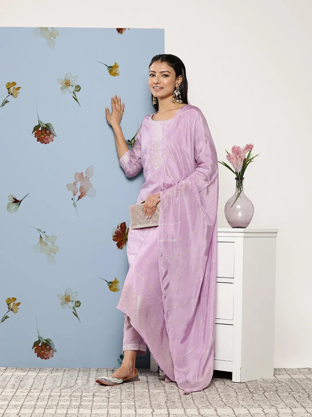 Lavender Self Design Silk Blend Suit Set With Trousers - Libas